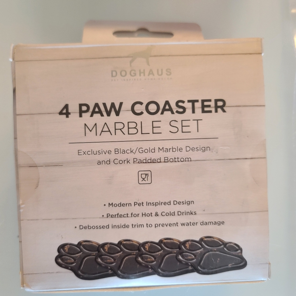 Set Of 4 Doghaus Black & Gold Heavy Marble Ceramic Dog Paw Coasters
